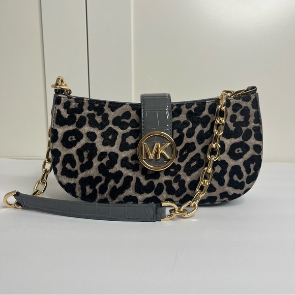 Michael Kors Carmen Small Gray Leather Leopard Haircalf Pouchette Handbag Purse - Picture 3 of 9